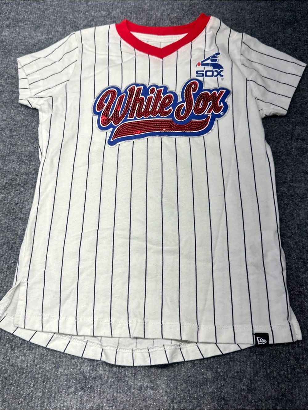 New Era White Sox Pinstripe Tee with Red Trim